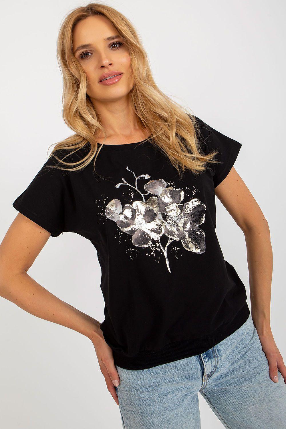 Black short-sleeve blouse with crew neck and floral graphic front