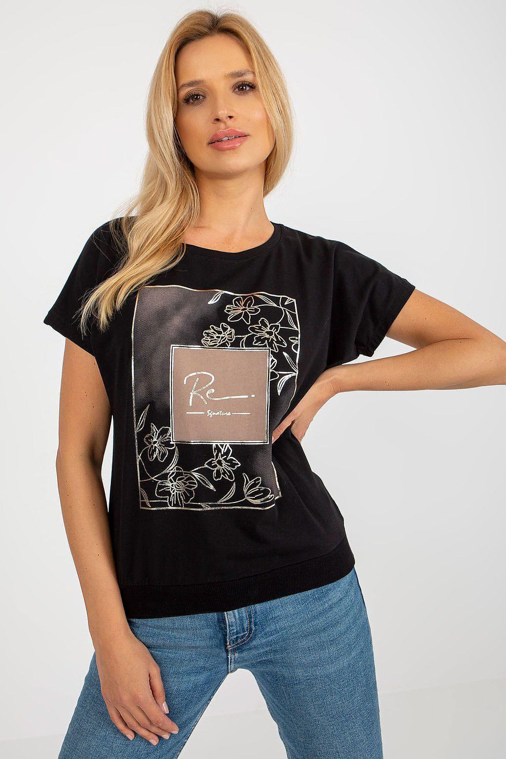 Black short-sleeve blouse with floral print front