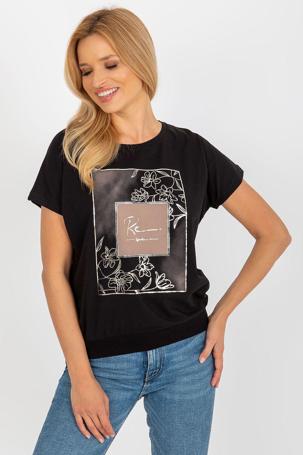 Black short-sleeve blouse with front square floral graphic print and relaxed fit