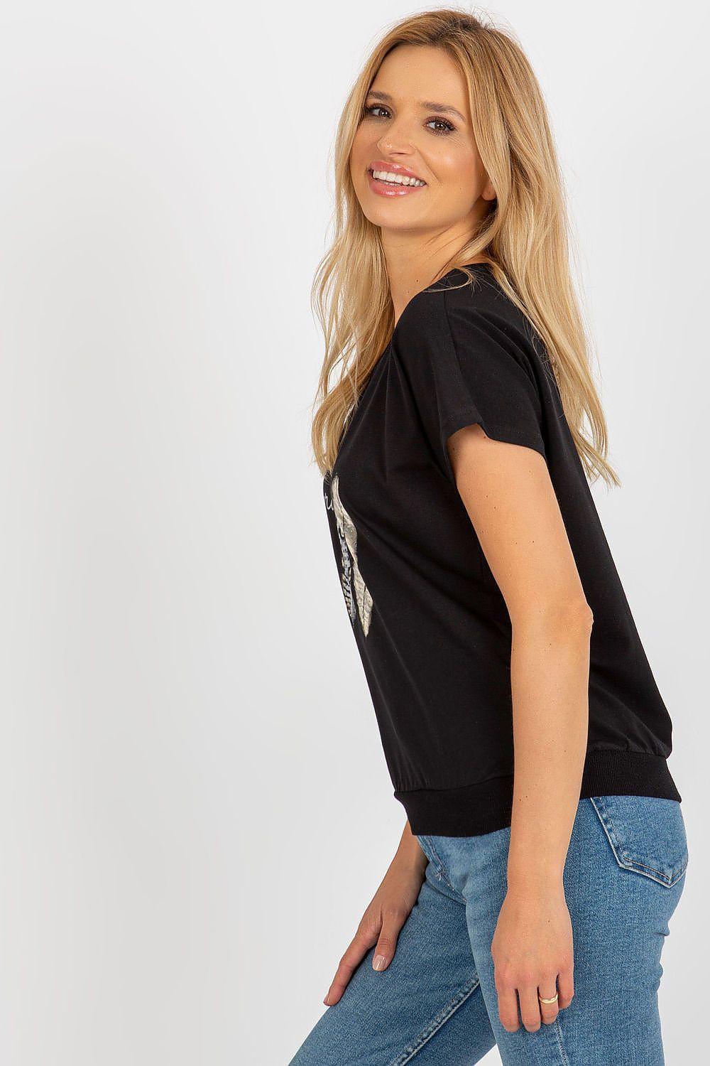 Black short-sleeve blouse with angel 'Be grateful' graphic, side view