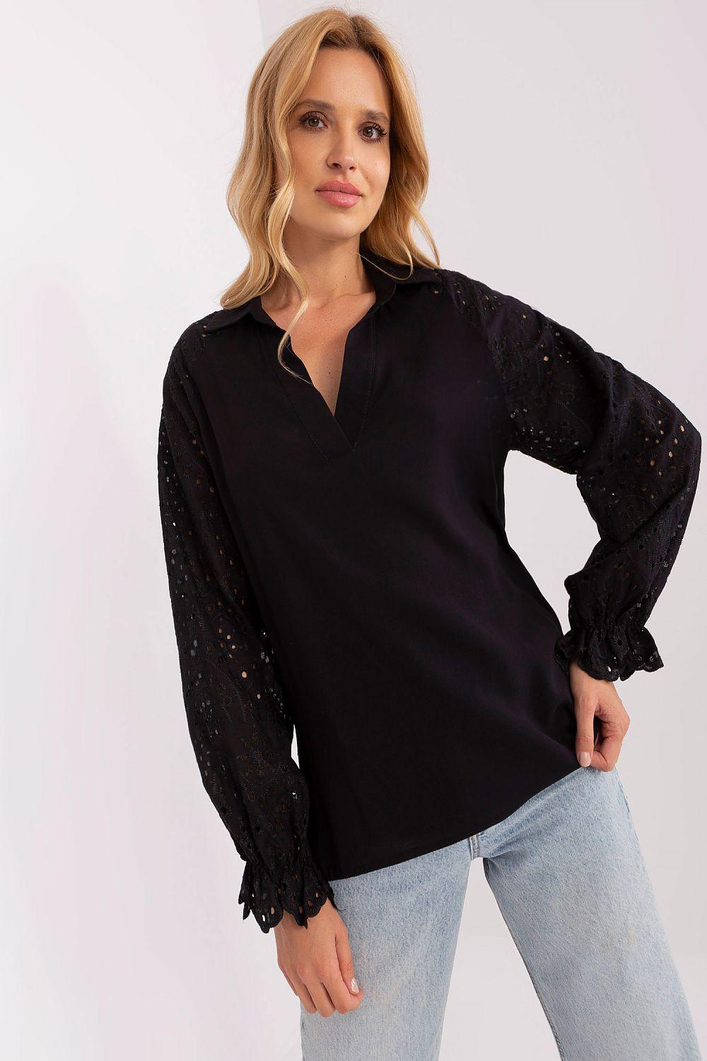 Lakerta blouse, black V-neck with sheer eyelet sleeves and elastic cuffs