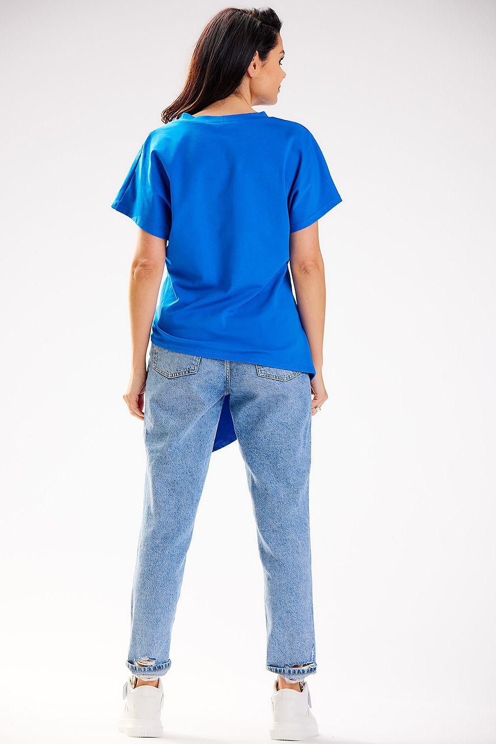 Blue short-sleeve blouse, back view