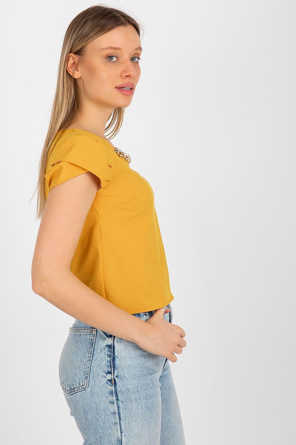 Yellow short-sleeve blouse with round neckline, side view