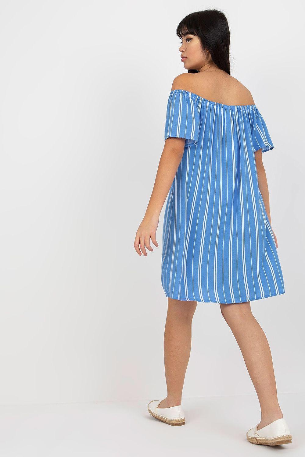 Blue striped off-shoulder daydress with short flutter sleeves and A-line skirt