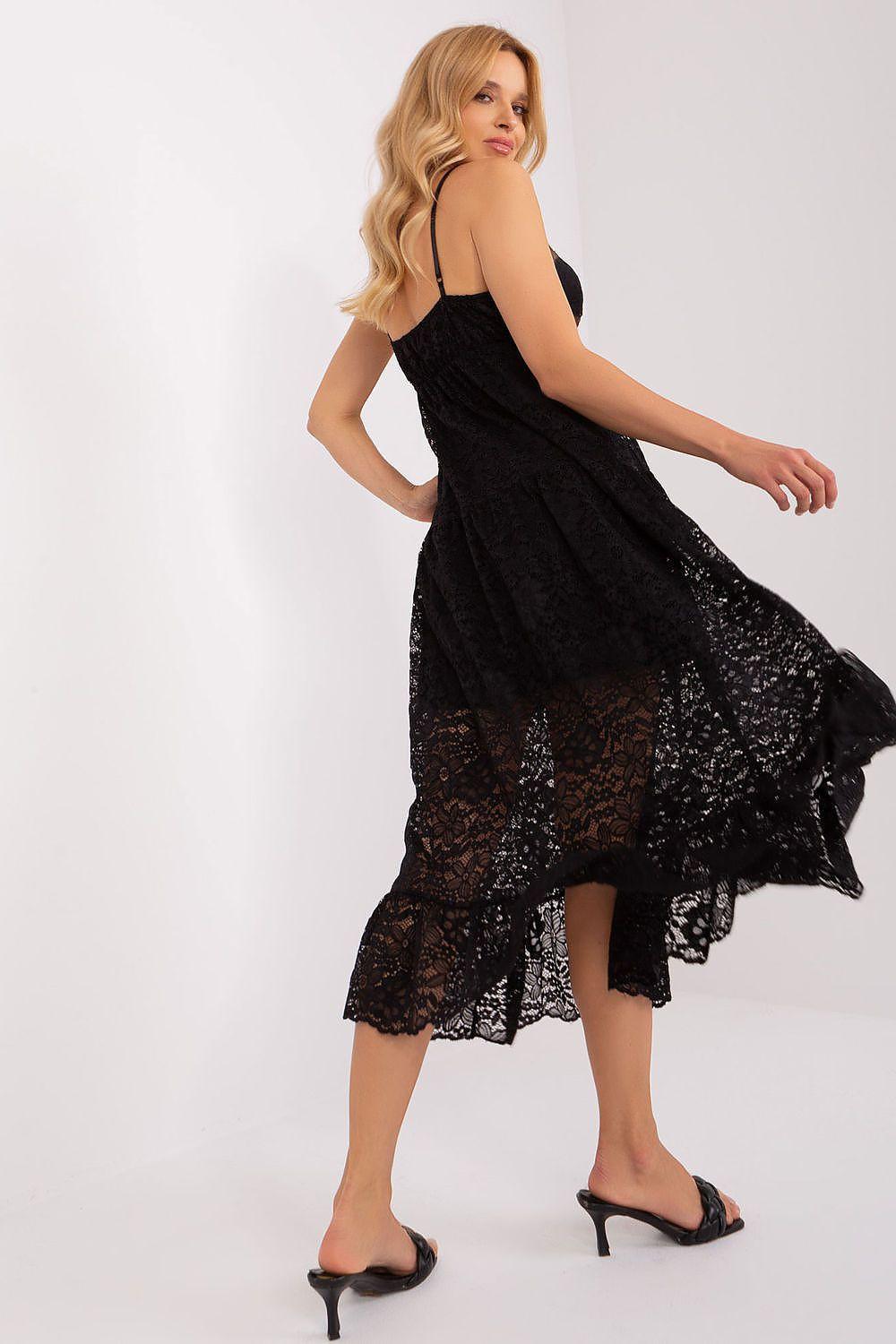 Black lace daydress with V-neck and thin straps, flared tiered skirt, scalloped hem