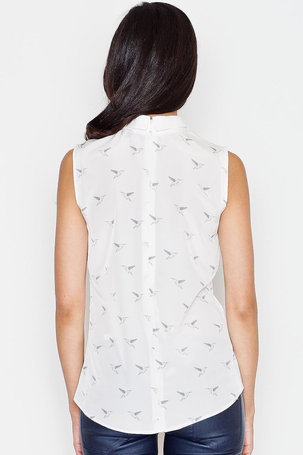 Figl sleeveless blouse back view with pointed collar, light blue patterned fabric