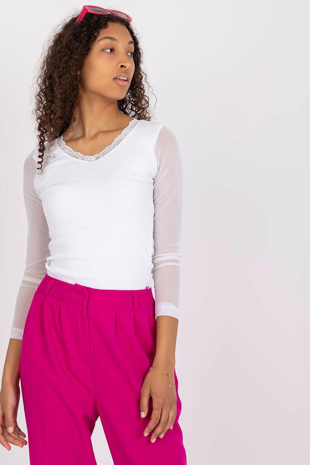 Rue Paris blouse model 182683 in white with lace-trim V neckline and long sleeves