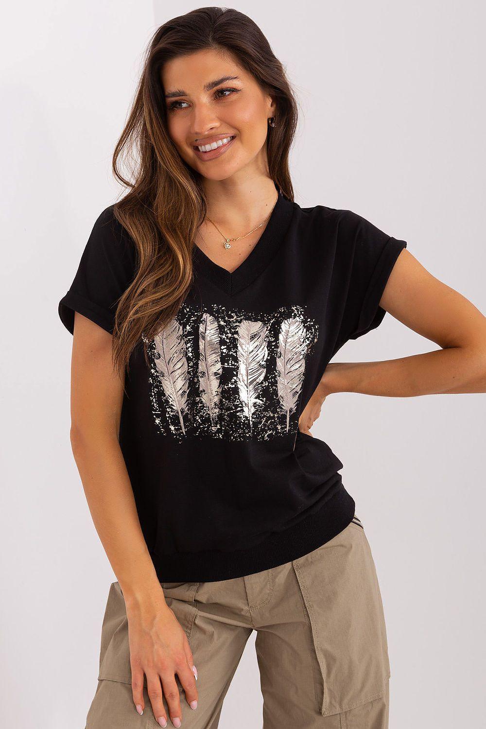 Black short-sleeve blouse with crew neck and silver feather-print front panel