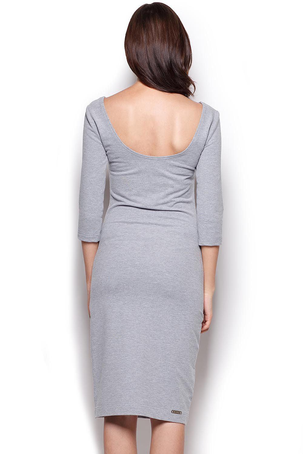 Grey daydress, back view, scoop back, 3/4 sleeves, fitted midi length