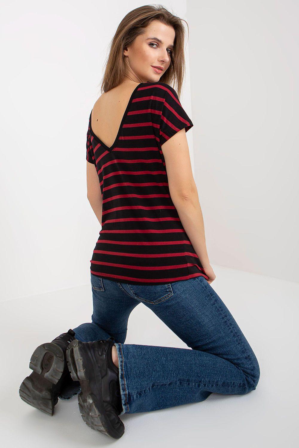 Black T-shirt with red stripes, crew neck and short sleeves, side view