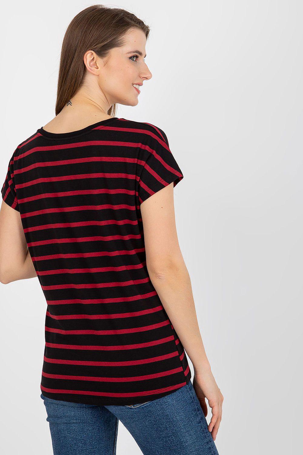 Black and red striped V-neck T-shirt, side view