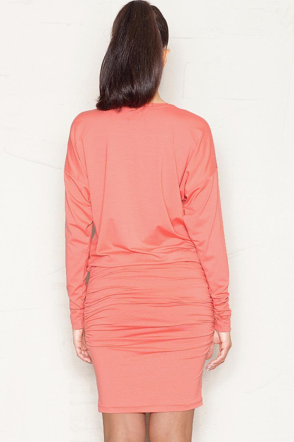 Coral pink daydress back view with long sleeves and ruched waist