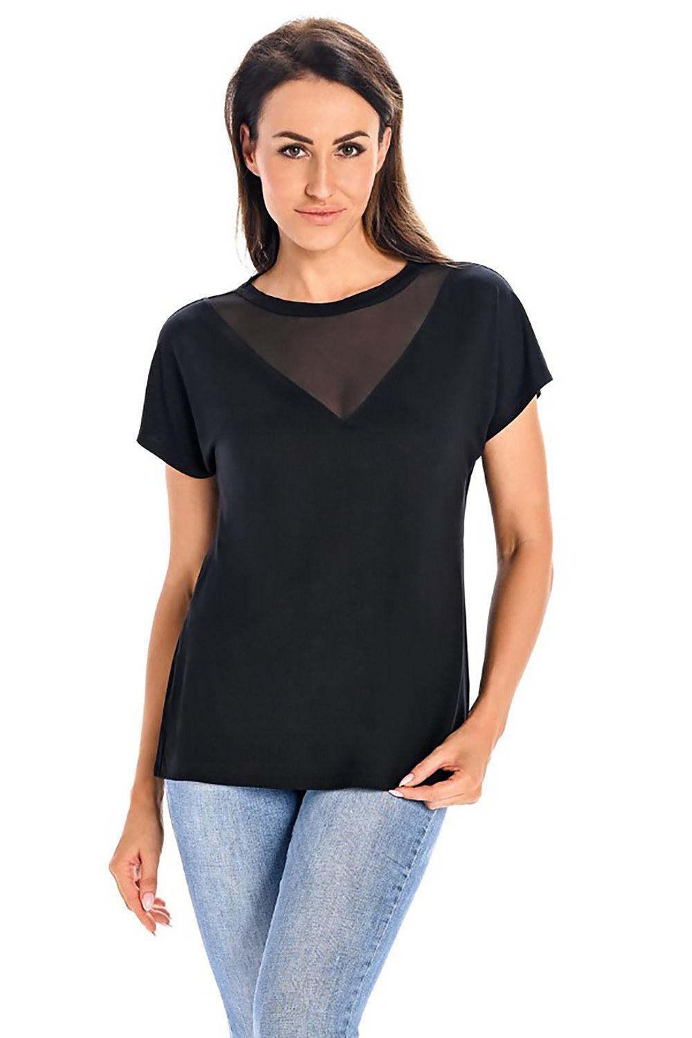 Teyli blouse with short sleeves and black mesh V-neckline