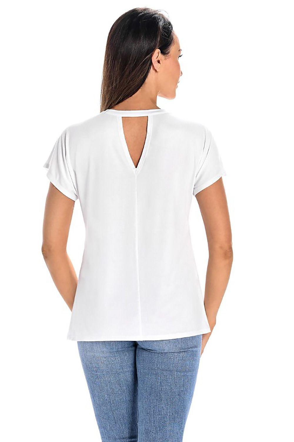 White short-sleeve blouse with back V cutout and smooth drape