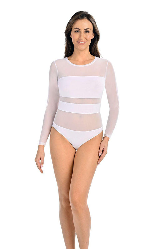 Shapewear bodysuit, white, long sleeves with sheer mesh, striped compression panels, briefs