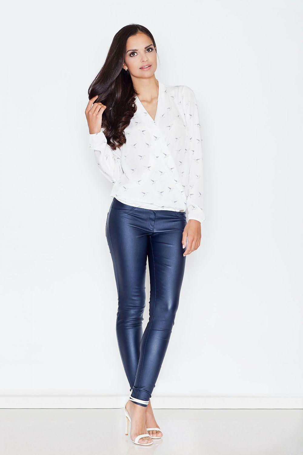 White patterned long-sleeve blouse with V-neck and button front