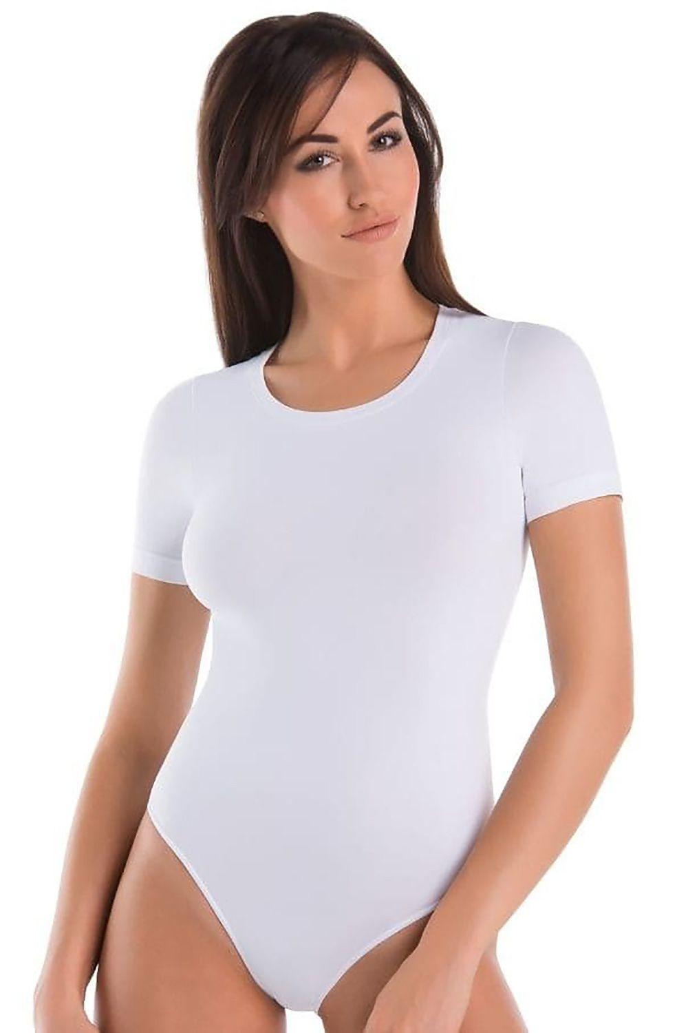 White short-sleeve shapewear bodysuit with scoop neck, worn on model