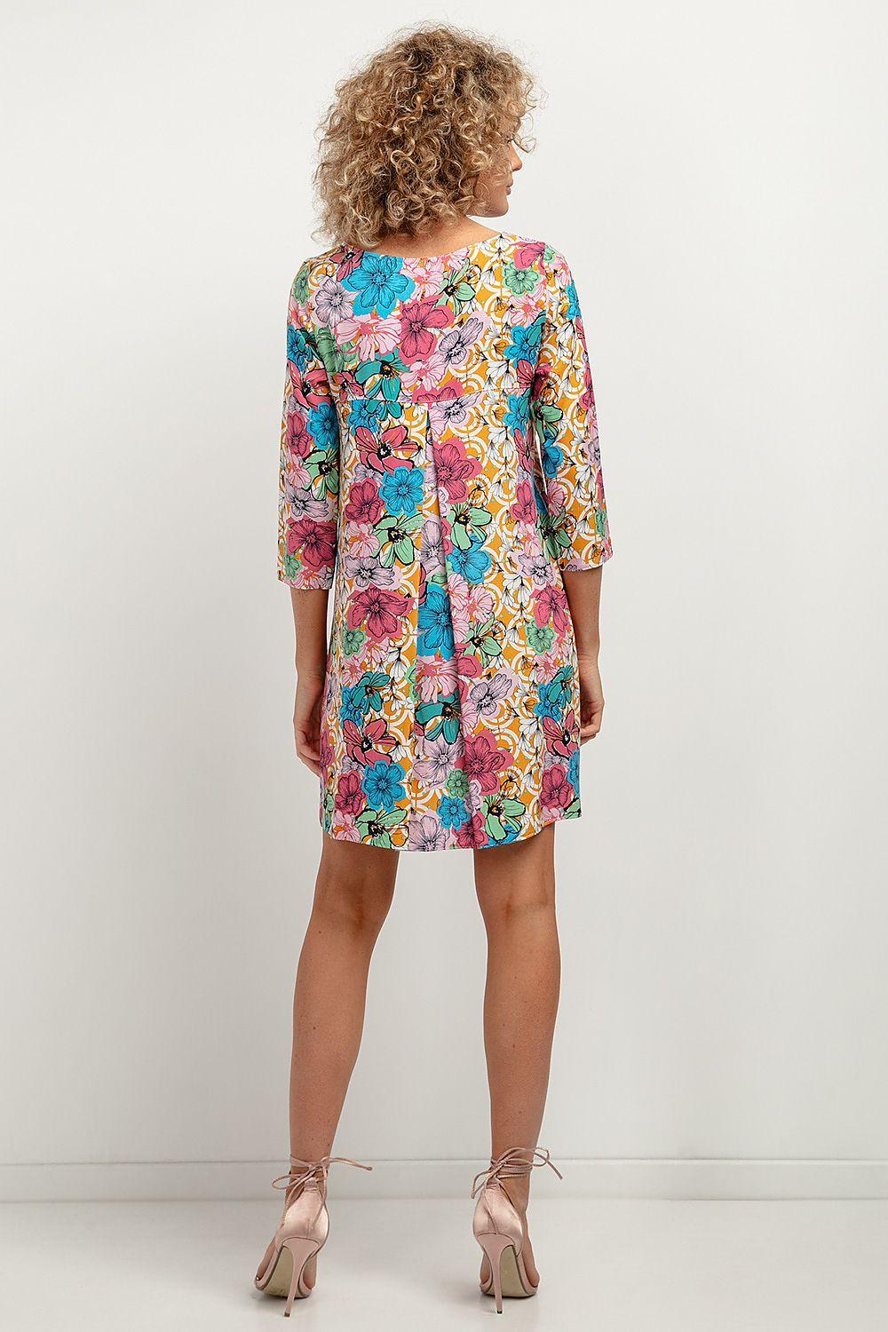 Tessita floral daydress back view, vibrant multicolor floral print, 3/4 sleeves