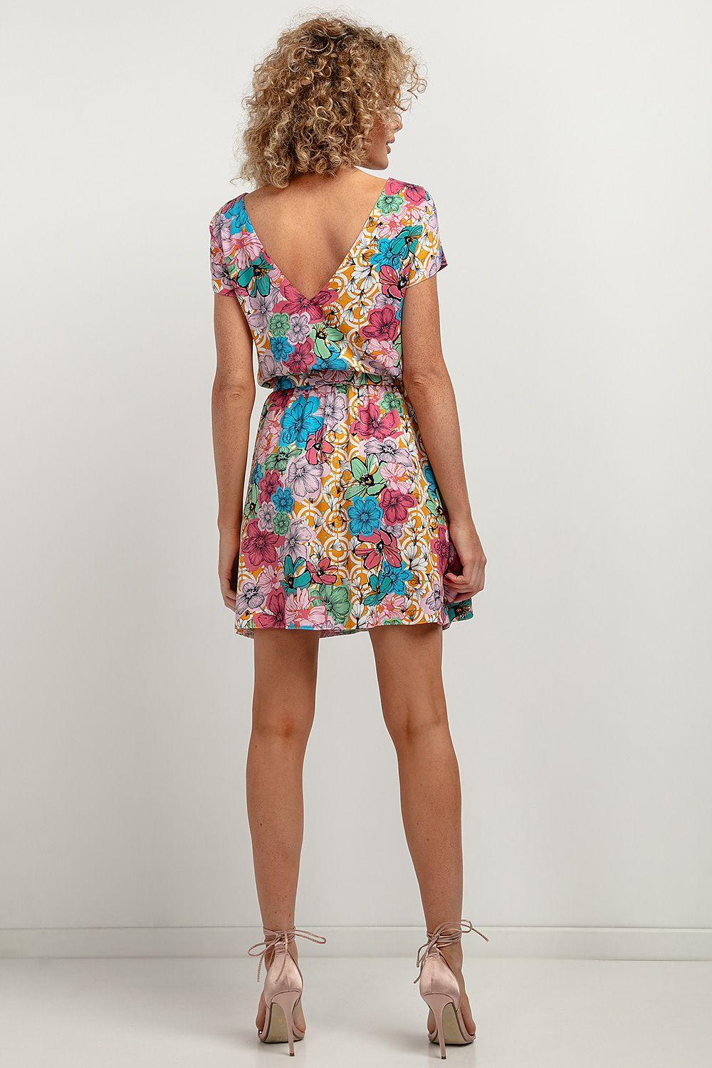 Tessita daydress, multicolor floral back V-neck short-sleeve with gathered waist