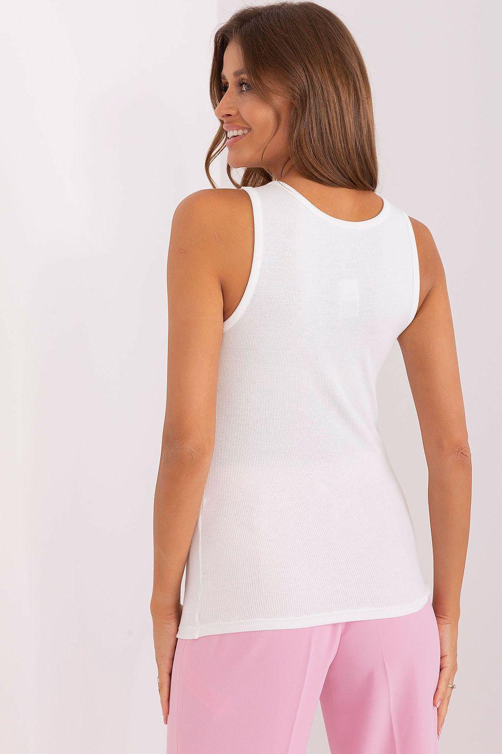 Och Bella lace neck ribbed top, white sleeveless back view; ribbed knit with lace collar