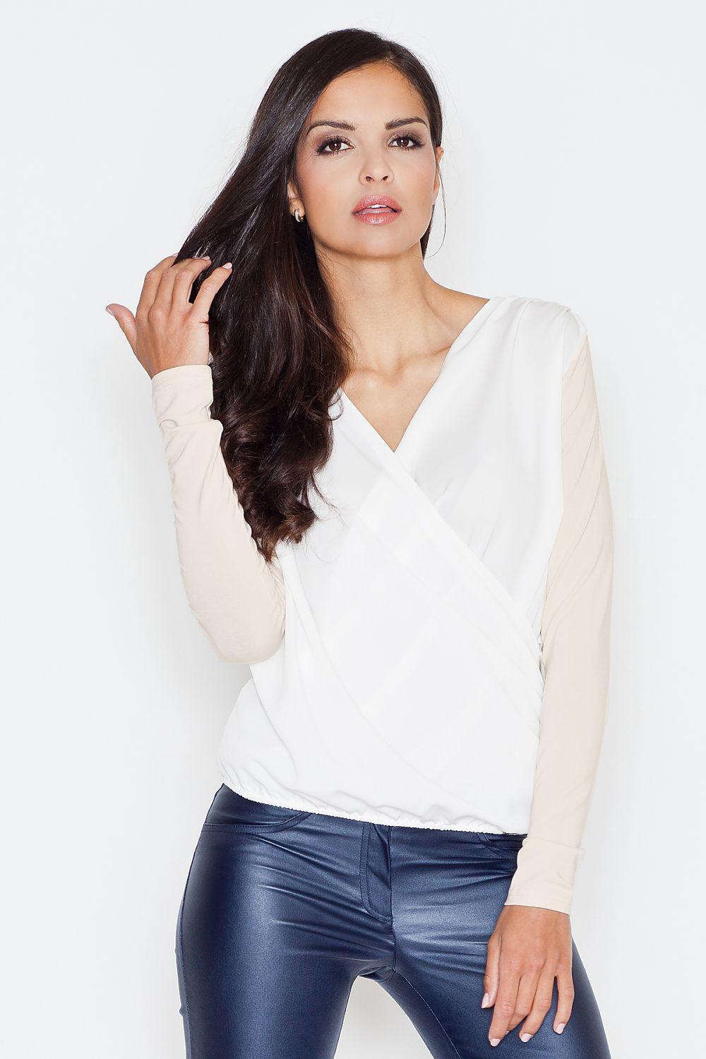 Cream wrap-style blouse with V-neck and long sleeves