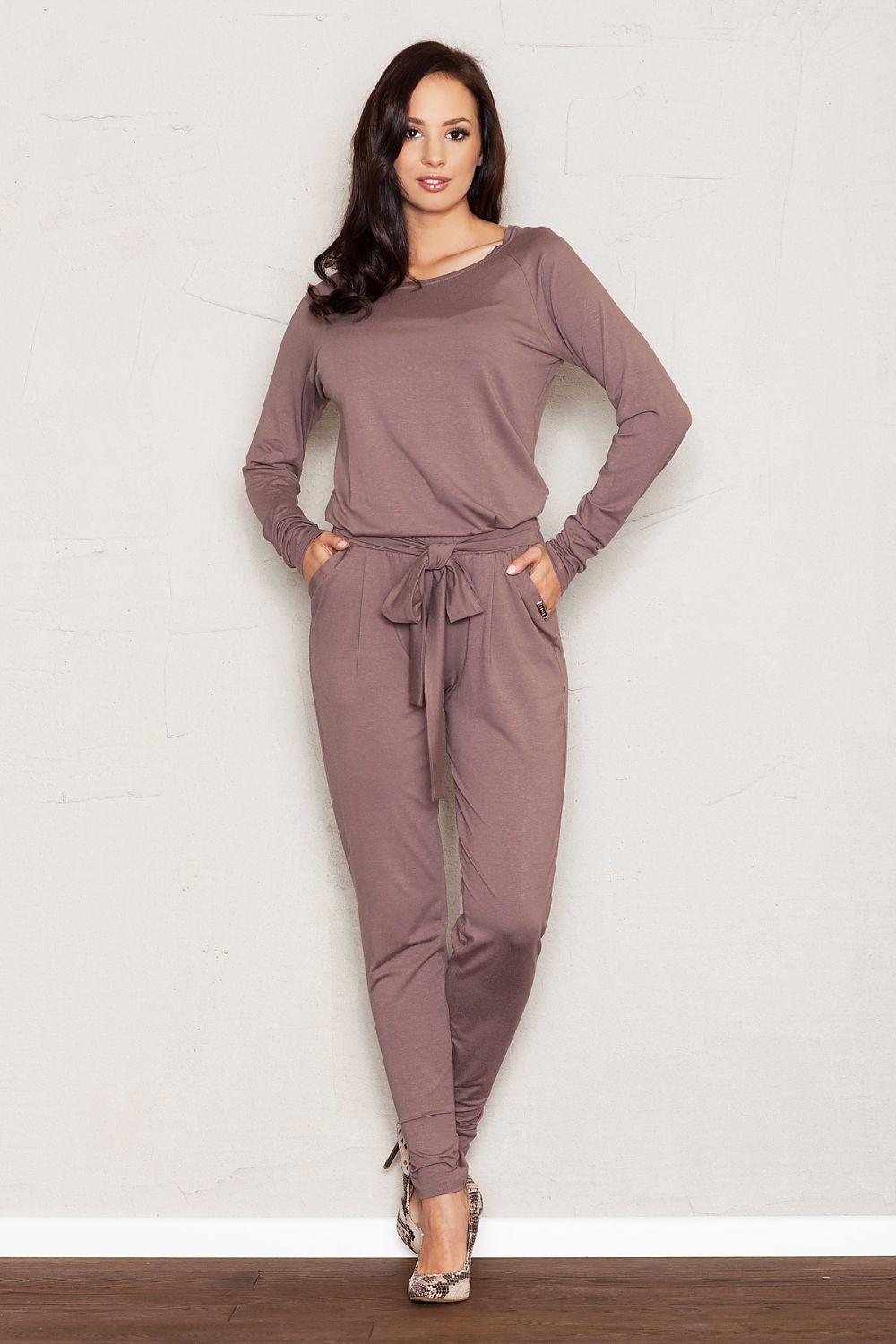 Women's brown tapered trousers with soft tie waist and elastic cuffs