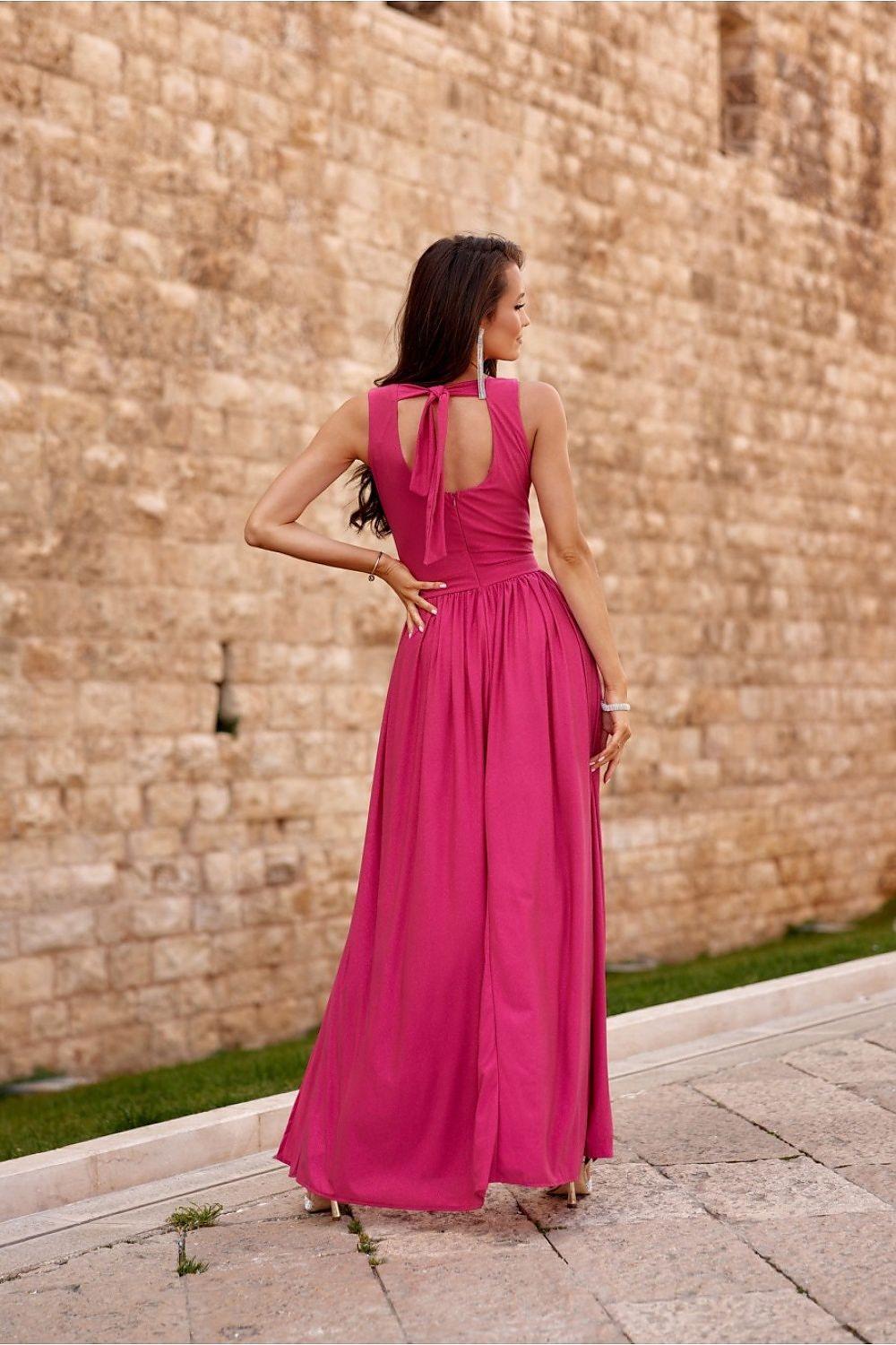 Long dress with open-back cutout, sleeveless fuchsia pink, flowing maxi skirt