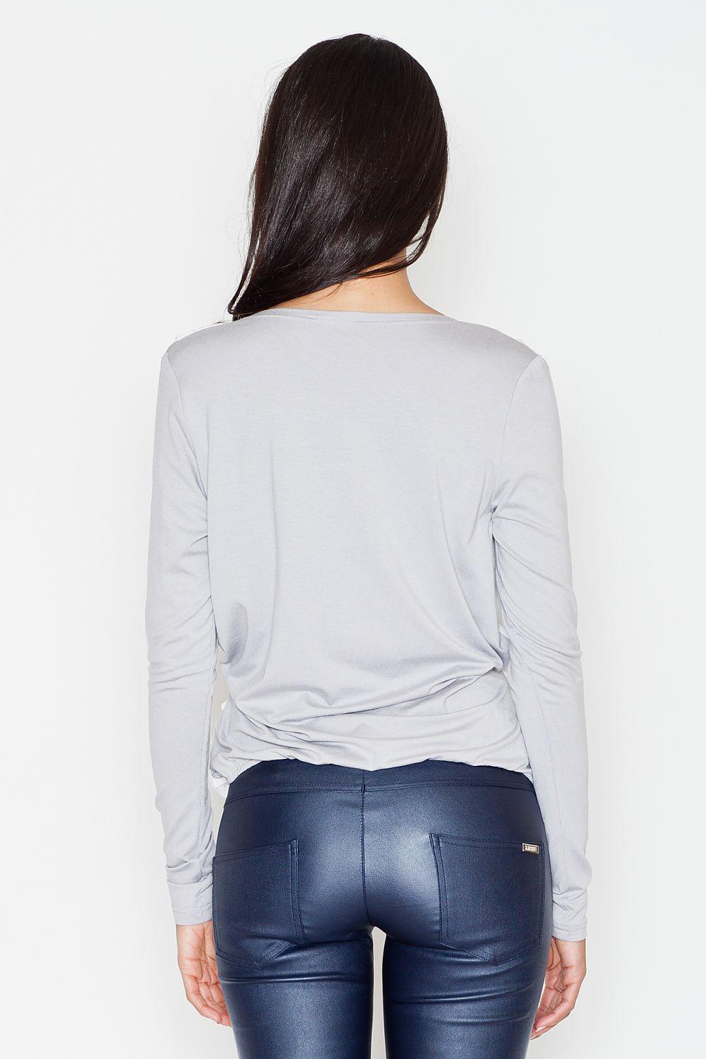 Back view pleated long-sleeve blouse, rounded back neckline, white.