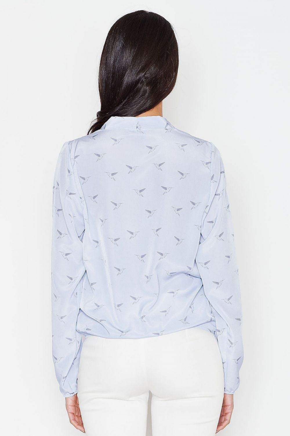 Figl wrap blouse back, light blue with small abstract print and long sleeves