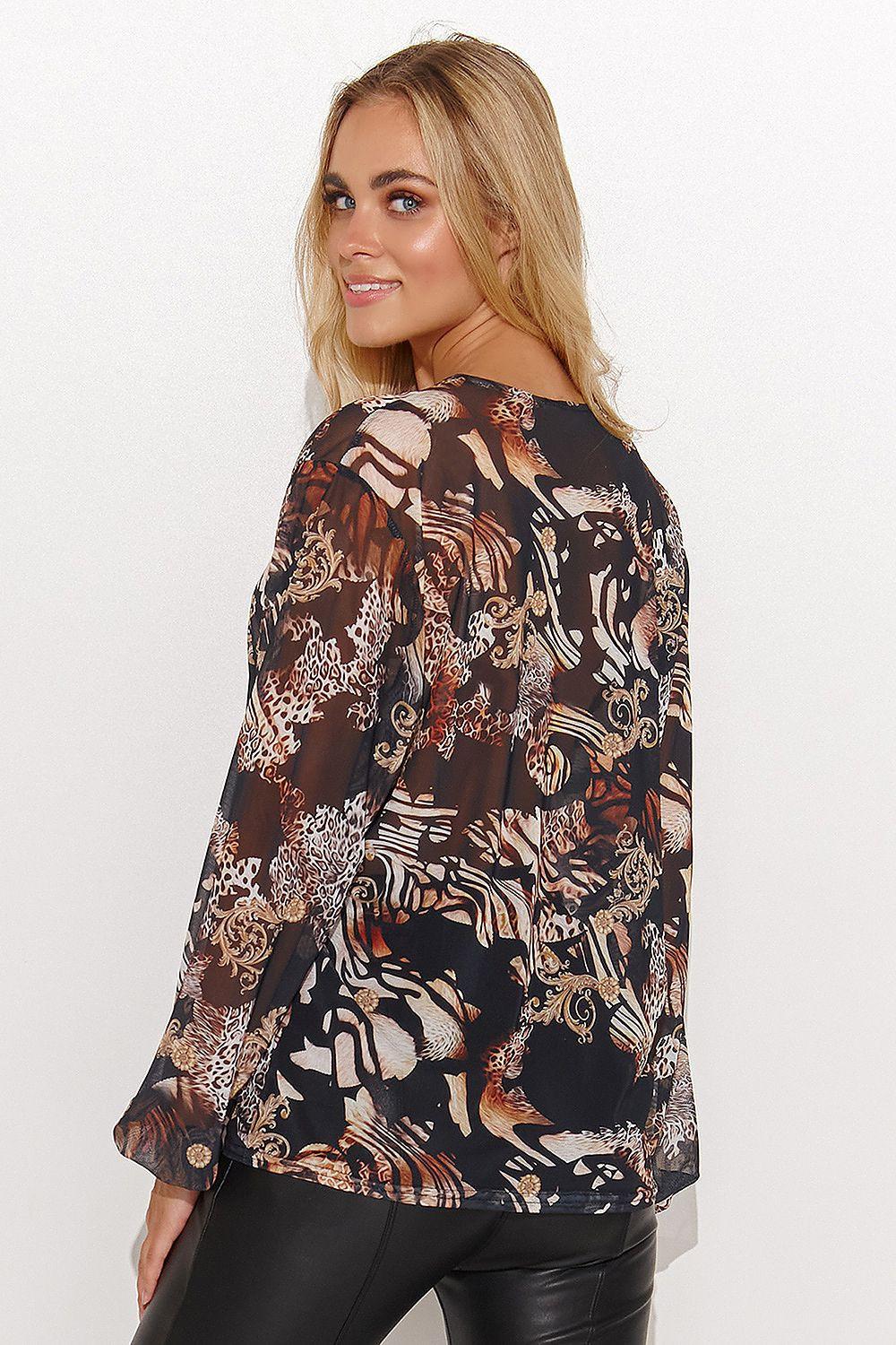 Floral animal print mesh blouse with all-over pattern and long sleeves.