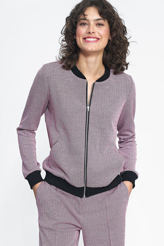 Women's herringbone bomber jacket with zip front, black waistband and ribbed cuffs