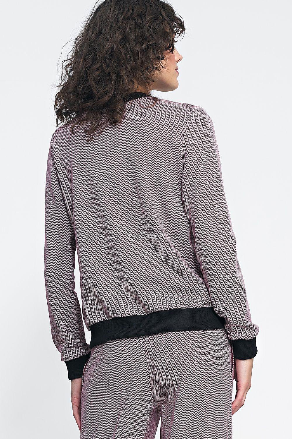 Women’s bomber jacket back view in herringbone texture with black ribbed waistband cuffs