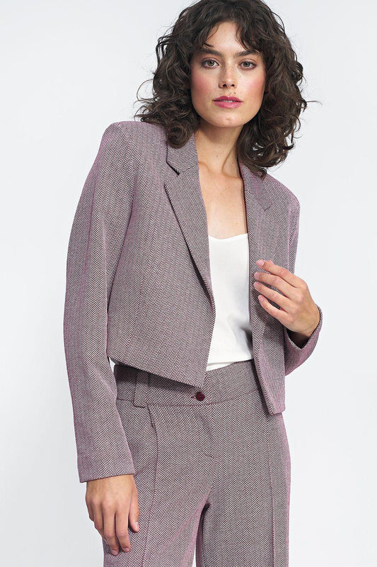 Short tailored jacket with notched lapels, button front, and long sleeves