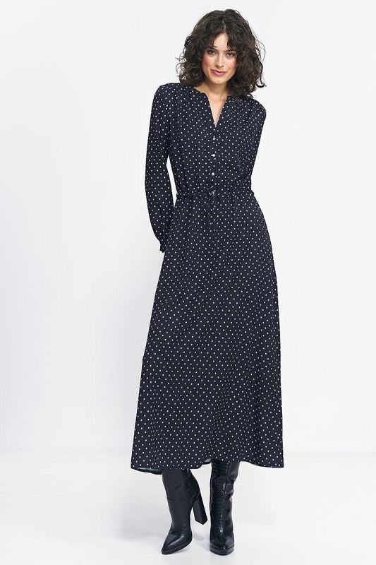 Nife long-sleeve daydress with V-neck, button front, dark dot pattern