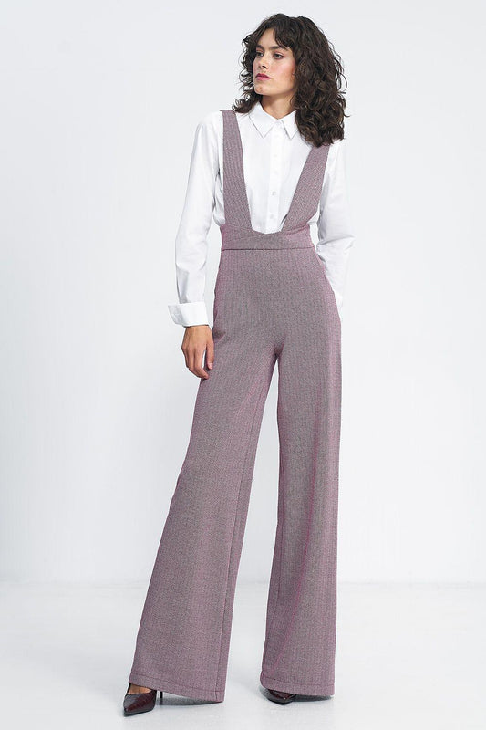 Mauve V-neck suspender wide-leg pants, side view