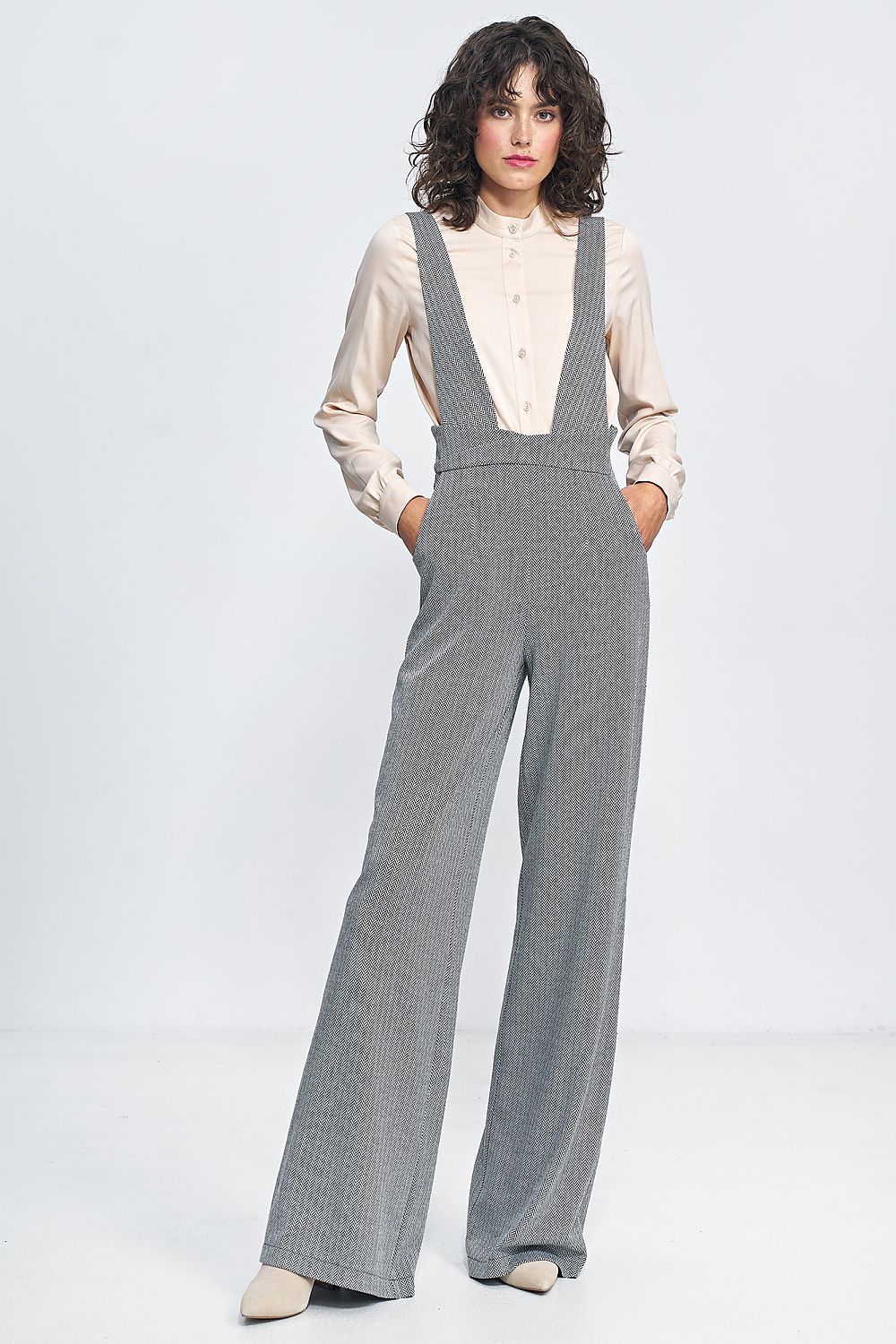 High-waisted wide-leg jumpsuit with suspender straps, dark gray overalls
