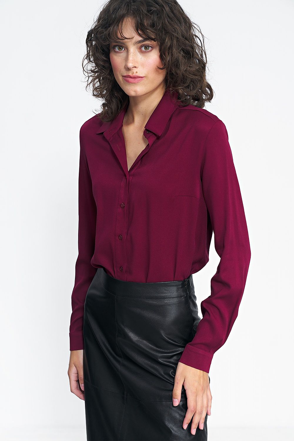 Burgundy viscose button-up long-sleeve shirt with collar and chest pocket