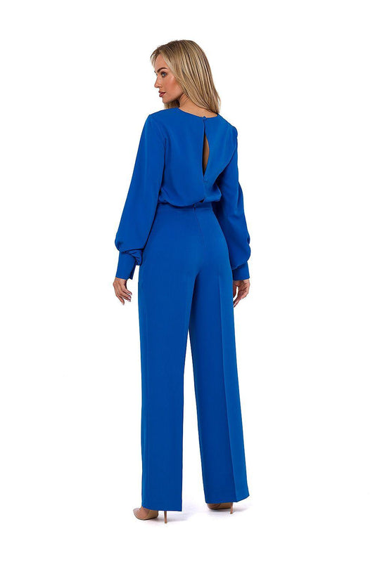 Moe blue pantsuit, keyhole back and wide-leg trousers, long sleeves