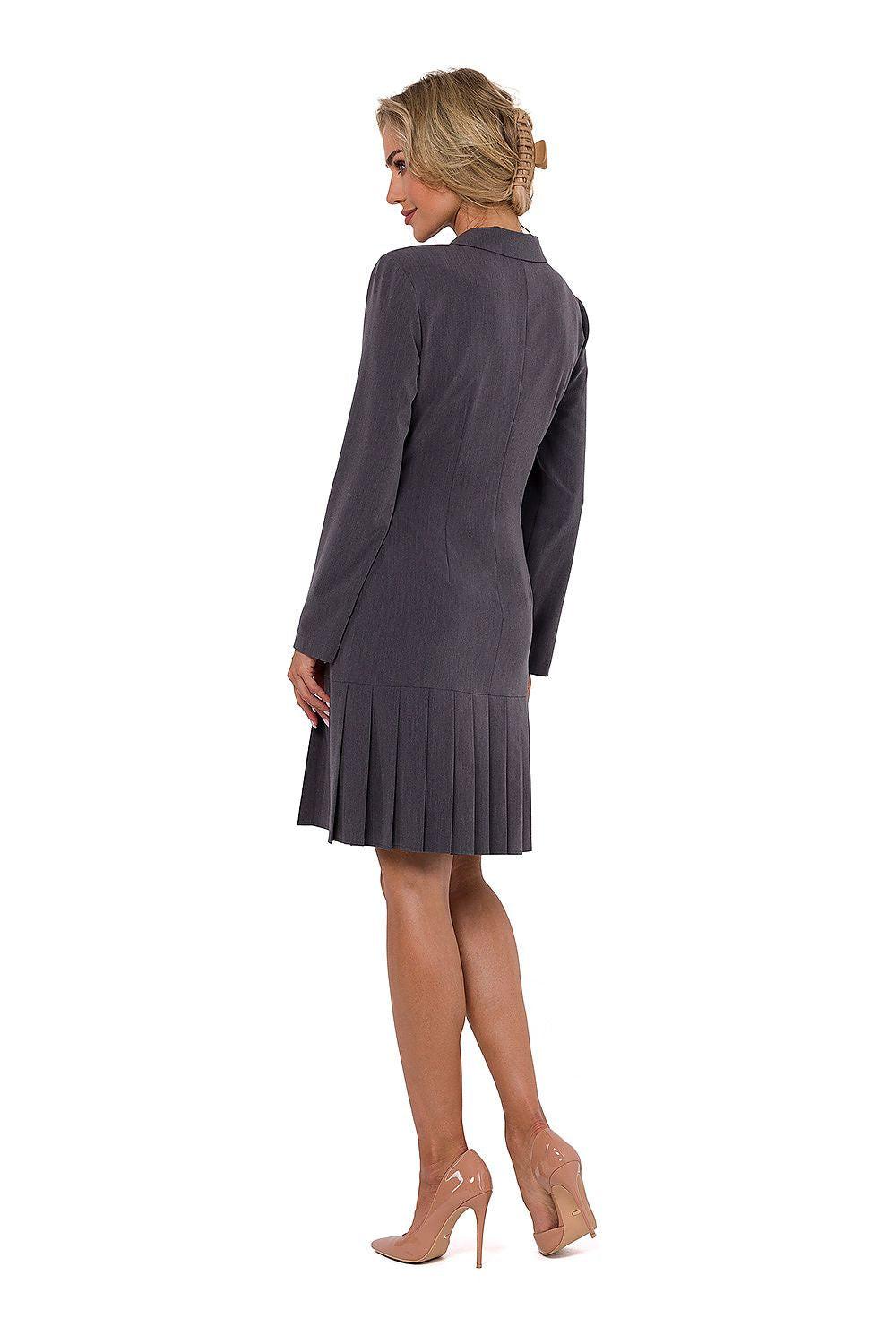 Grey long-sleeve daydress with pleated skirt and button closure, back view