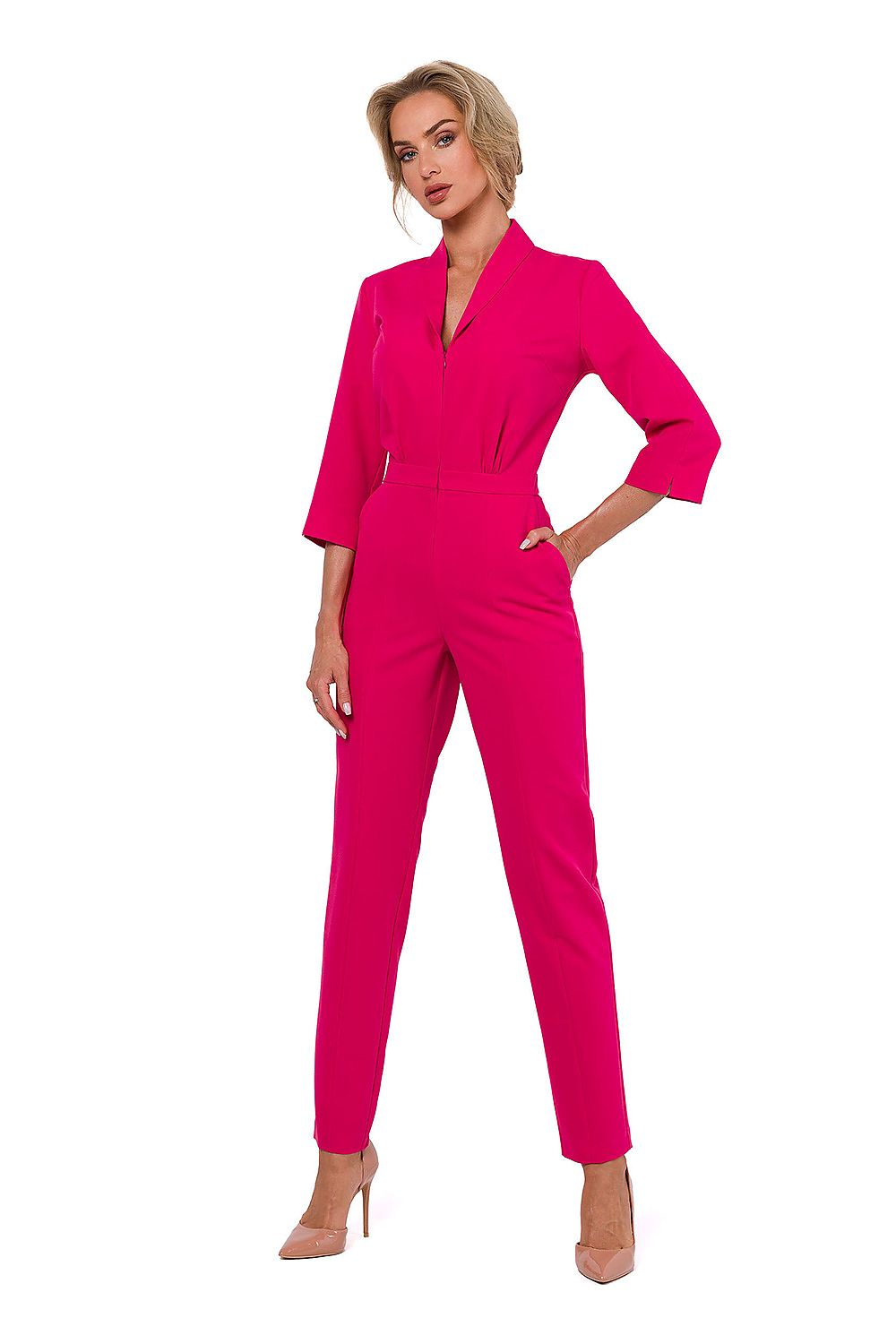 Pink tailored jumpsuit with 3/4 sleeves and V-neck