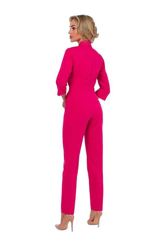 Women's fuchsia belted jumpsuit, back view, 3/4 sleeves, tapered legs