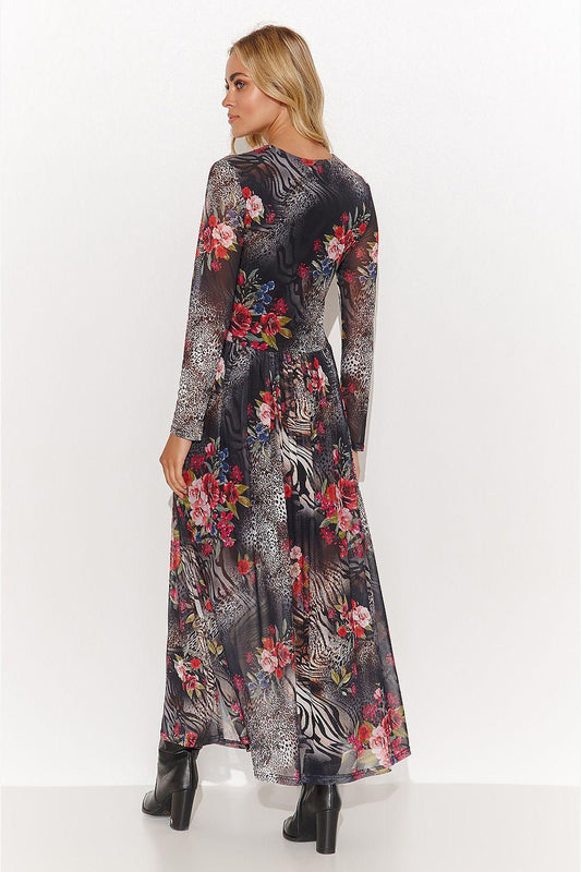 Long-sleeve daydress with floral and animal print, dark base; back view