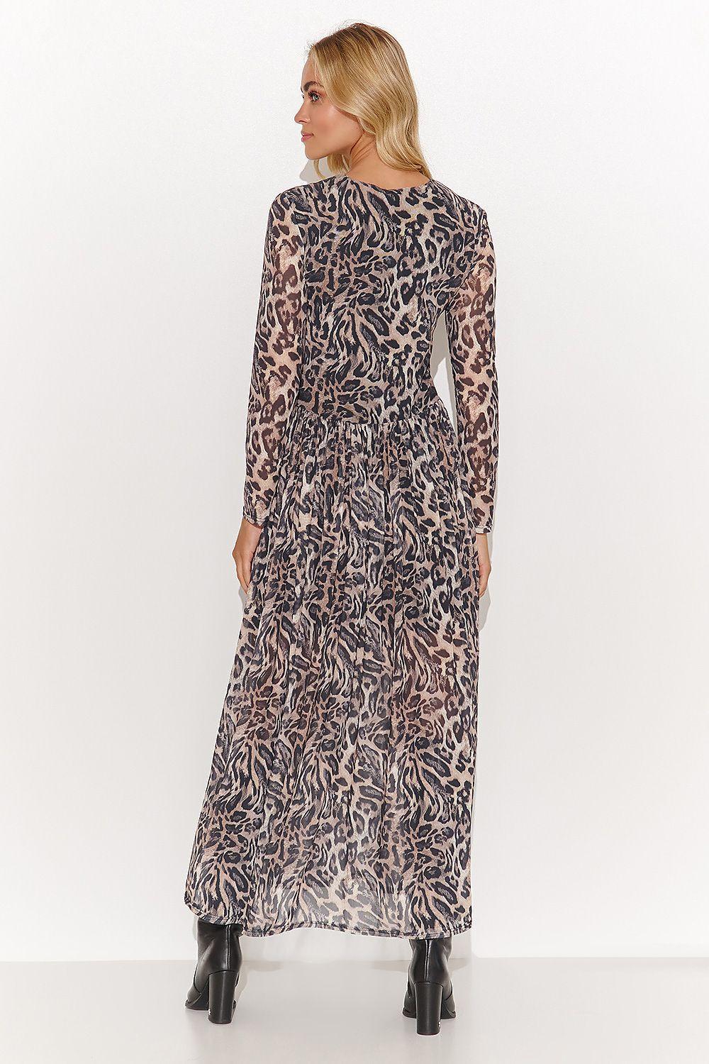 Back-view leopard print maxi daydress with long sleeves, beige and dark tones