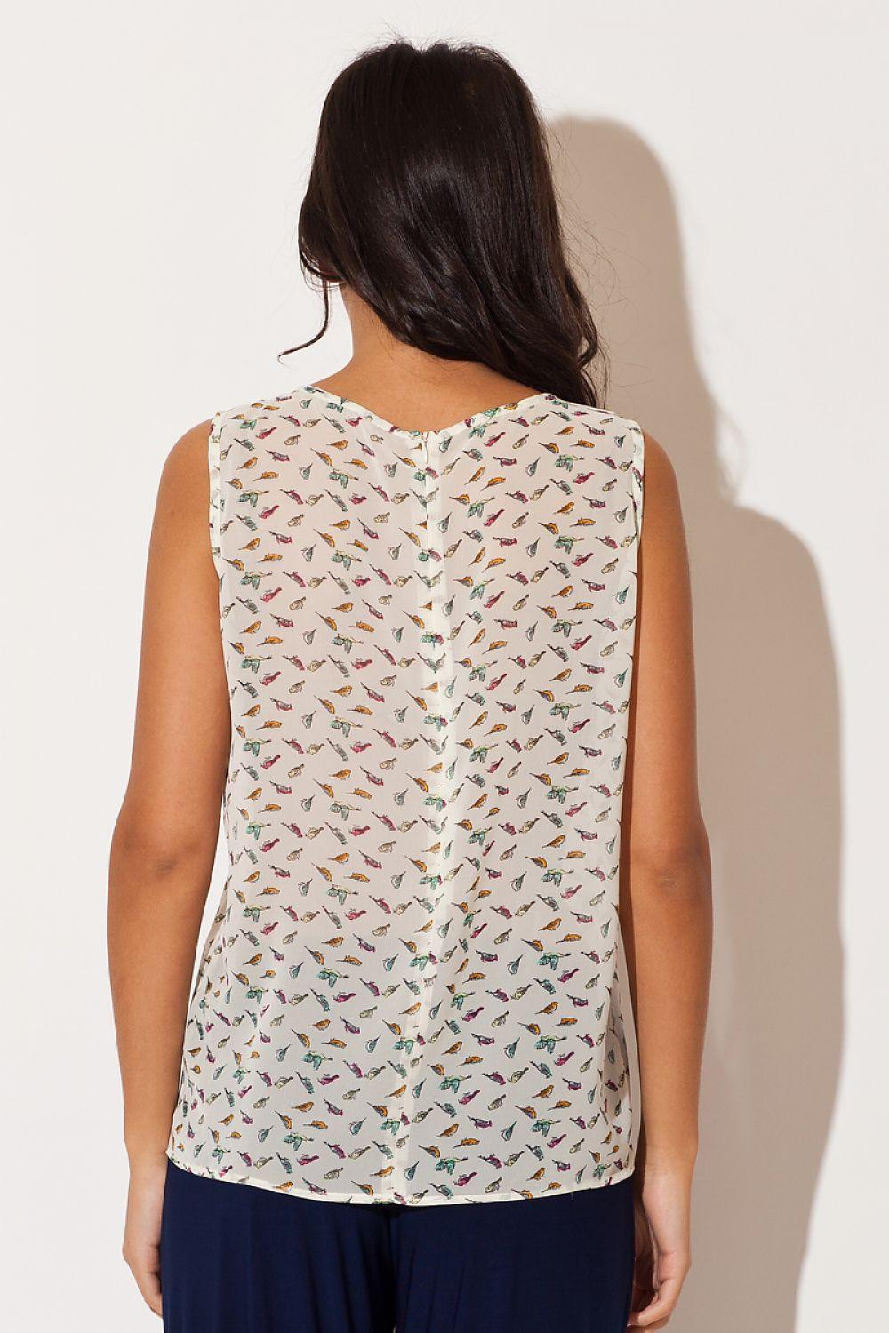 Sleeveless cream printed blouse with round back neckline and button-back