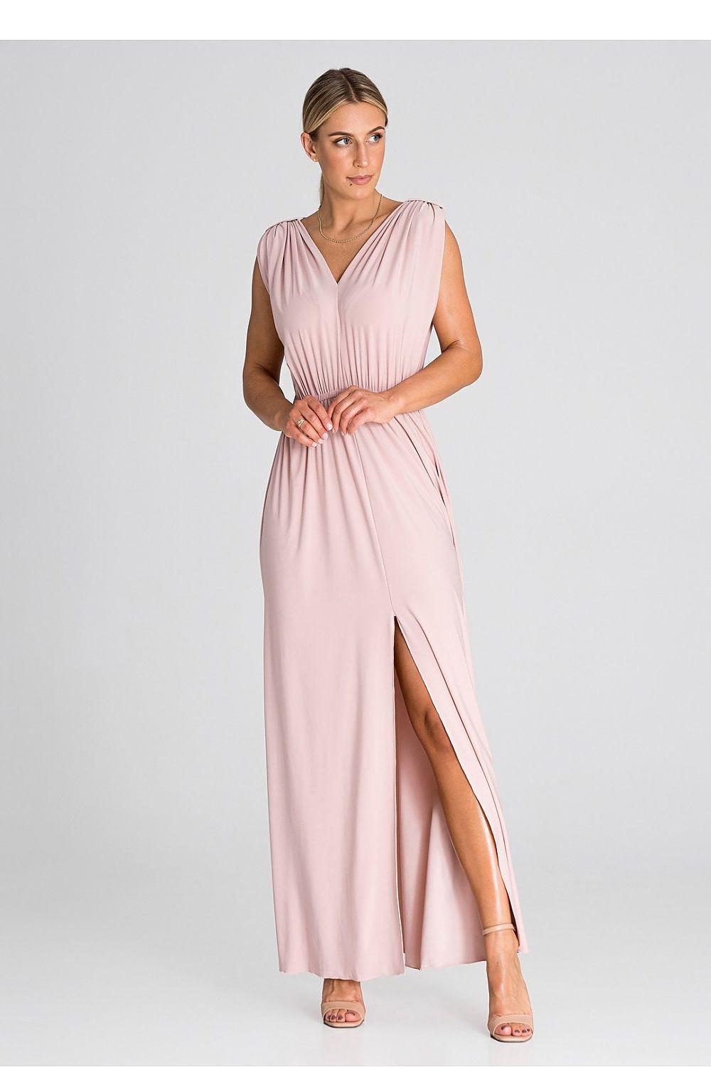 Pink sleeveless V-neck cocktail dress with side slit and pleated bodice
