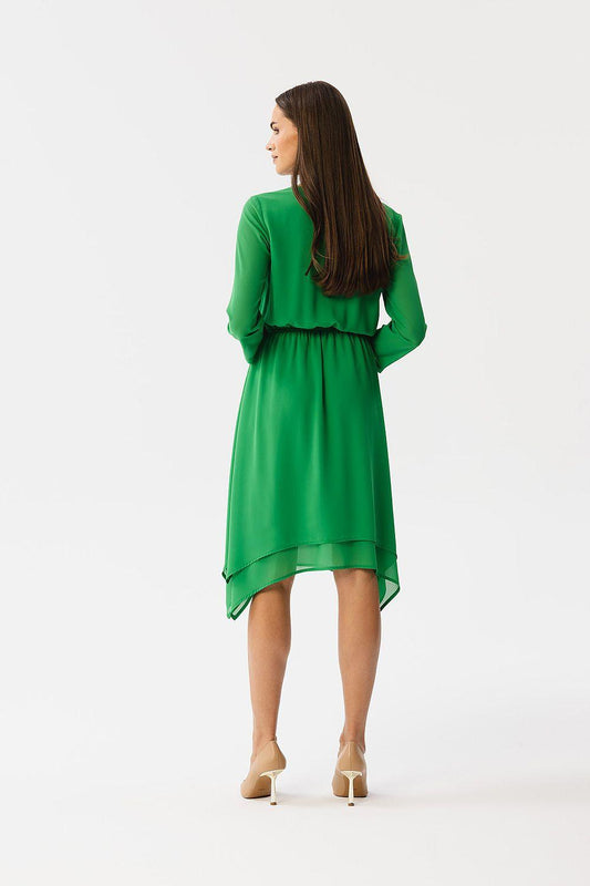 Green V-neck cocktail dress, back view, 3/4 sleeves with ruched waist, asym hem