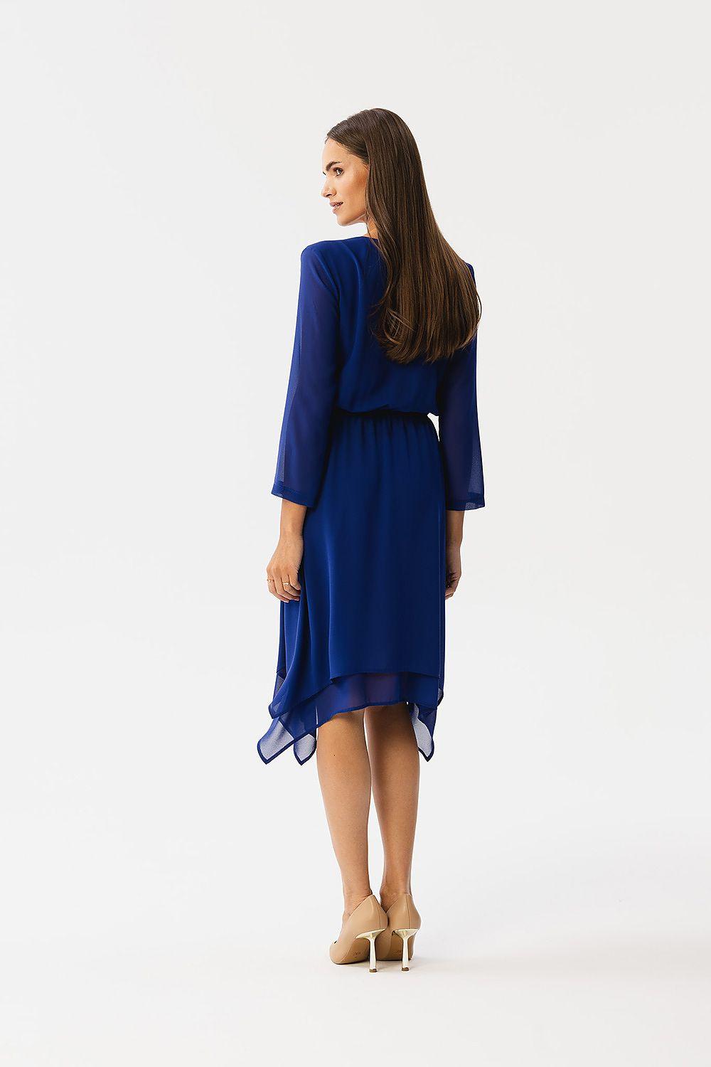 Blue chiffon cocktail dress, back view, V-neck, gathered waist, 3/4 sleeves, asymmetrical hem.