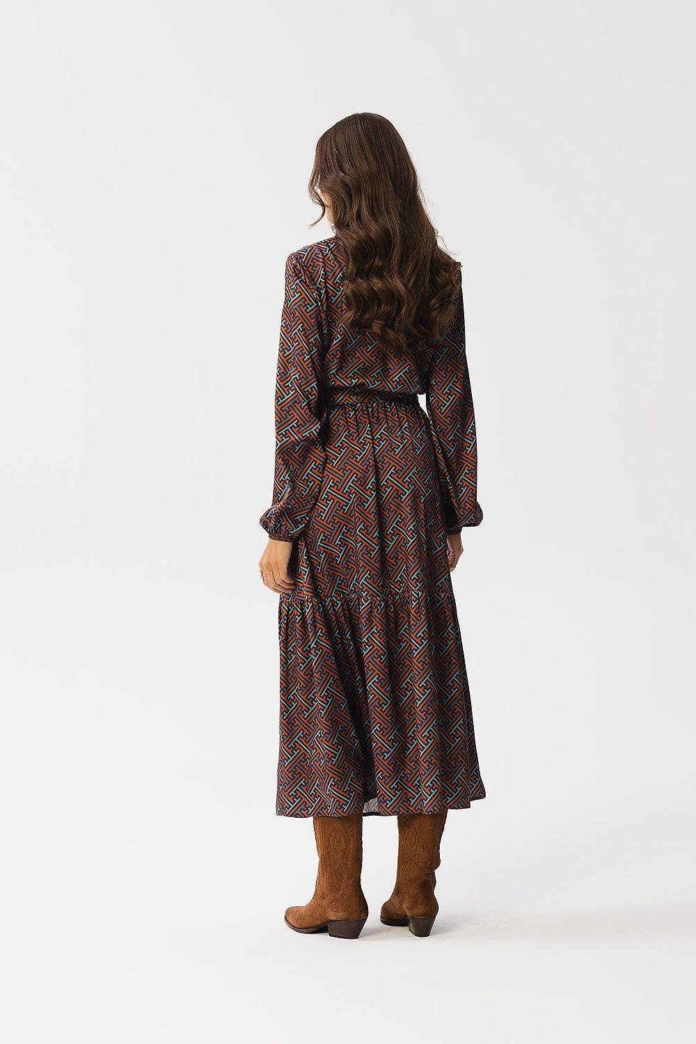 Women’s multicolor patterned daydress, long sleeves, tie waist, back view