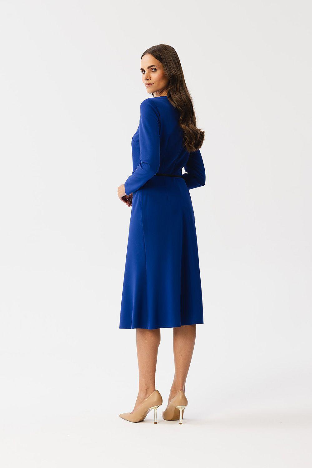 Blue belted daydress with long sleeves, pleated bodice and midi skirt