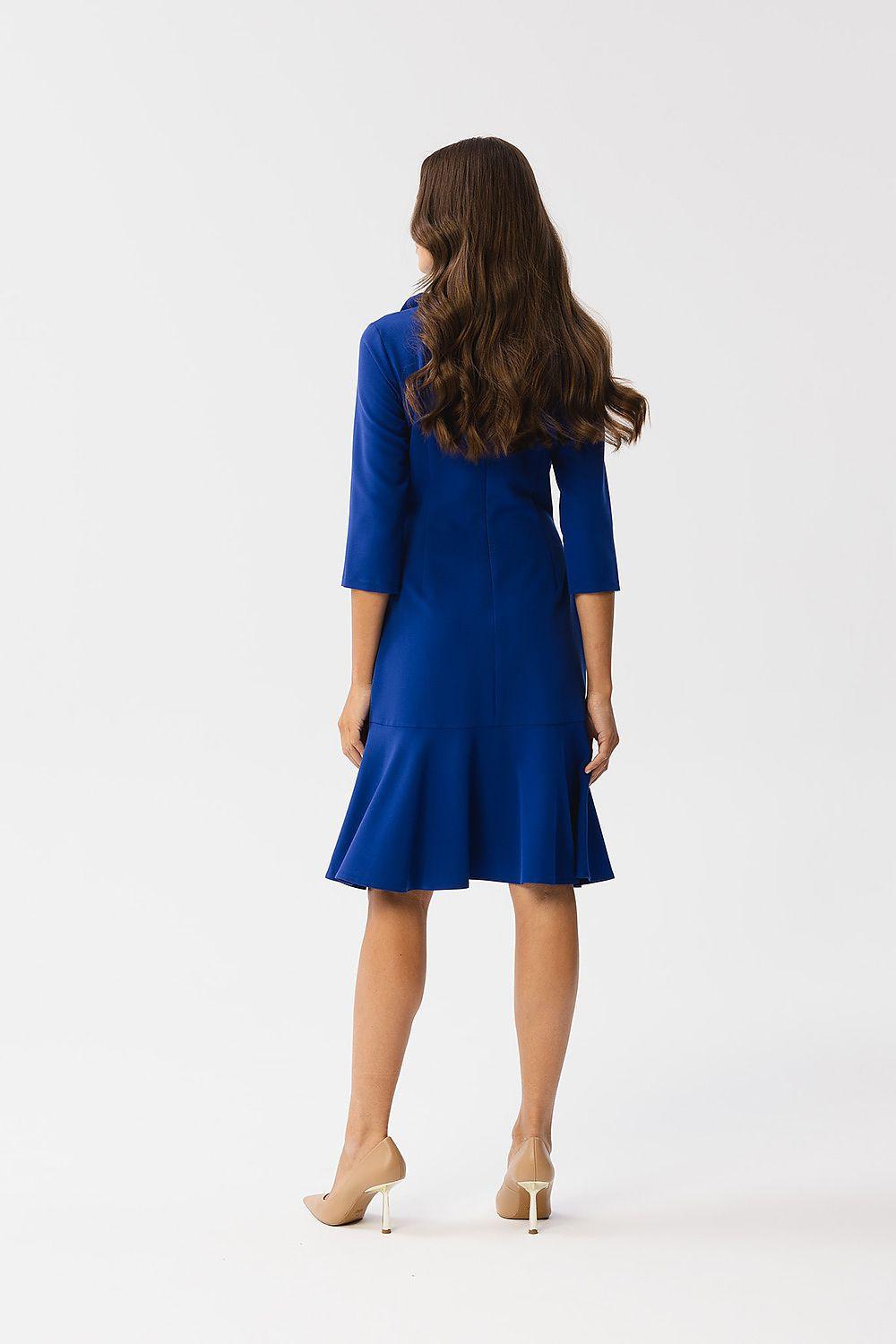 Blue daydress with neck bow, three-quarter sleeves, back view, midi A-line hem